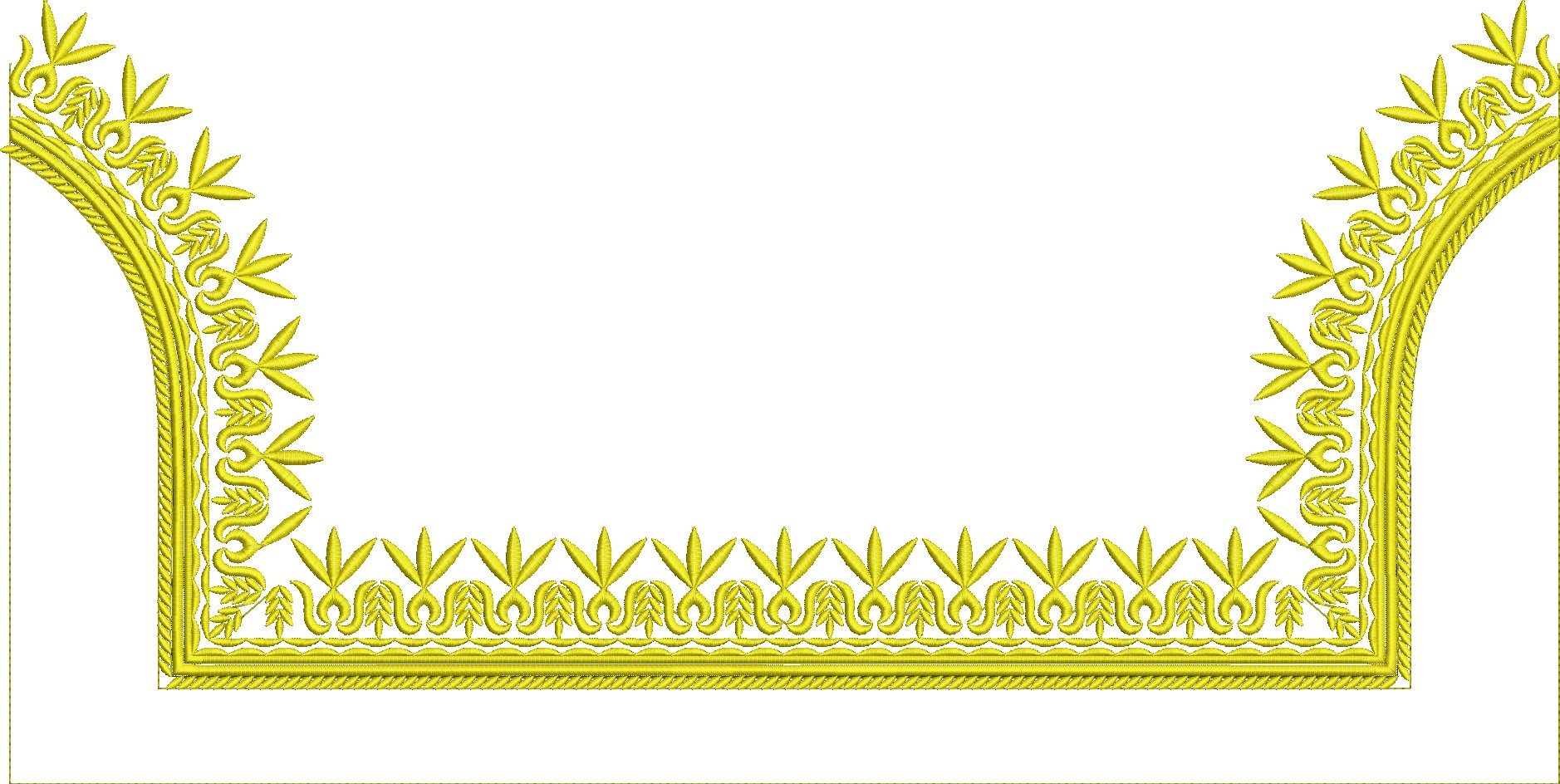 Embroidery design: A decorative golden yellow embroidery border featuring symmetrical repeating leaf and scrollwork motifs.