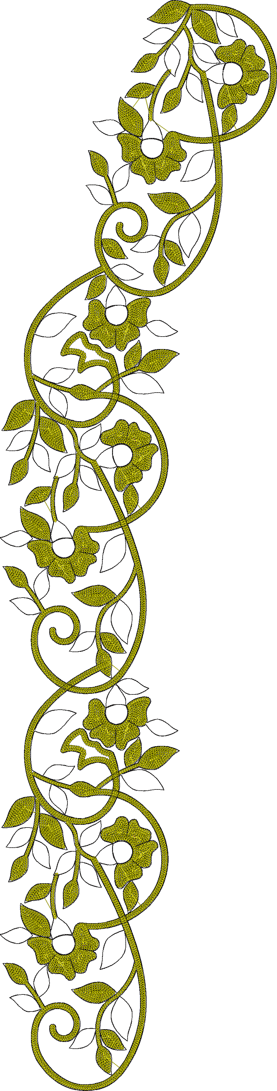 Embroidery design: A vertical border embroidery design featuring scrolling yellow vines with green leaves and stylized yellow flowers on a 
