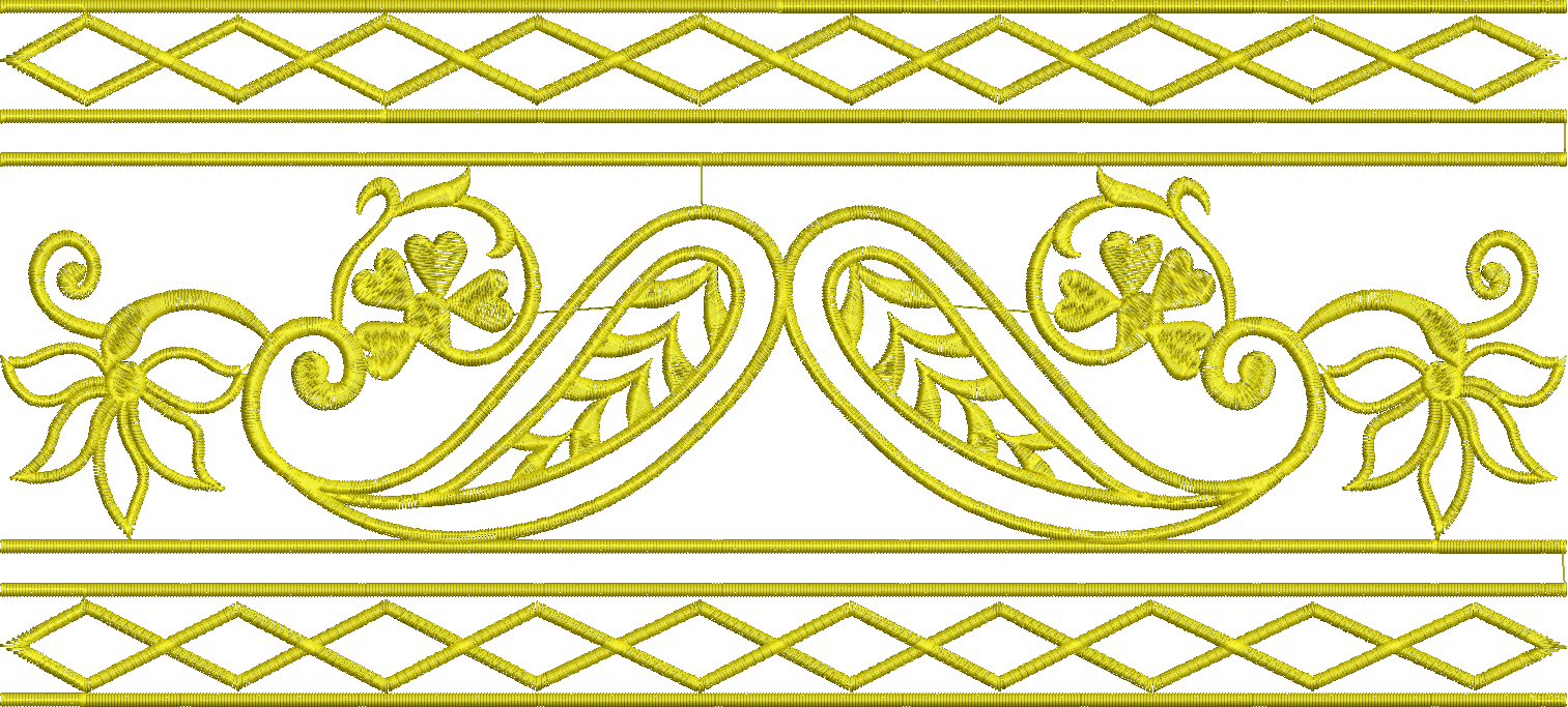 Embroidery design: A decorative gold embroidery border design featuring symmetrical floral and geometric elements with vine motifs.
