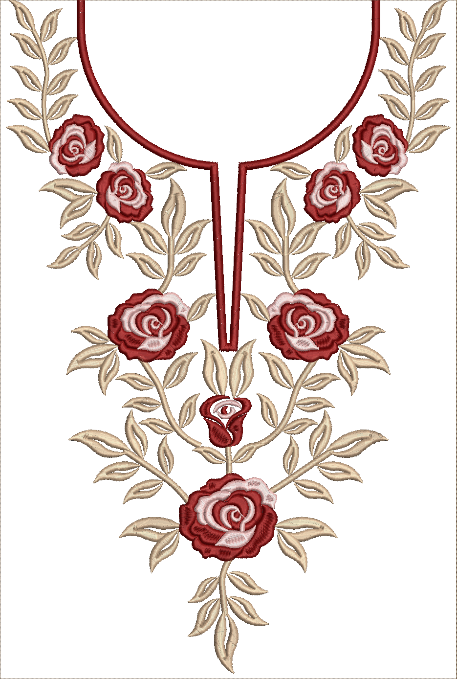 Embroidery design: An ornamental embroidery design for a neckline, featuring dark red and white roses with beige leaves and vines.