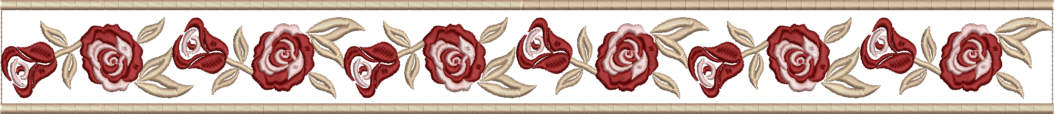 Embroidery design: A decorative border embroidery design featuring alternating dark red and light pink roses with tan leaves and stems in a