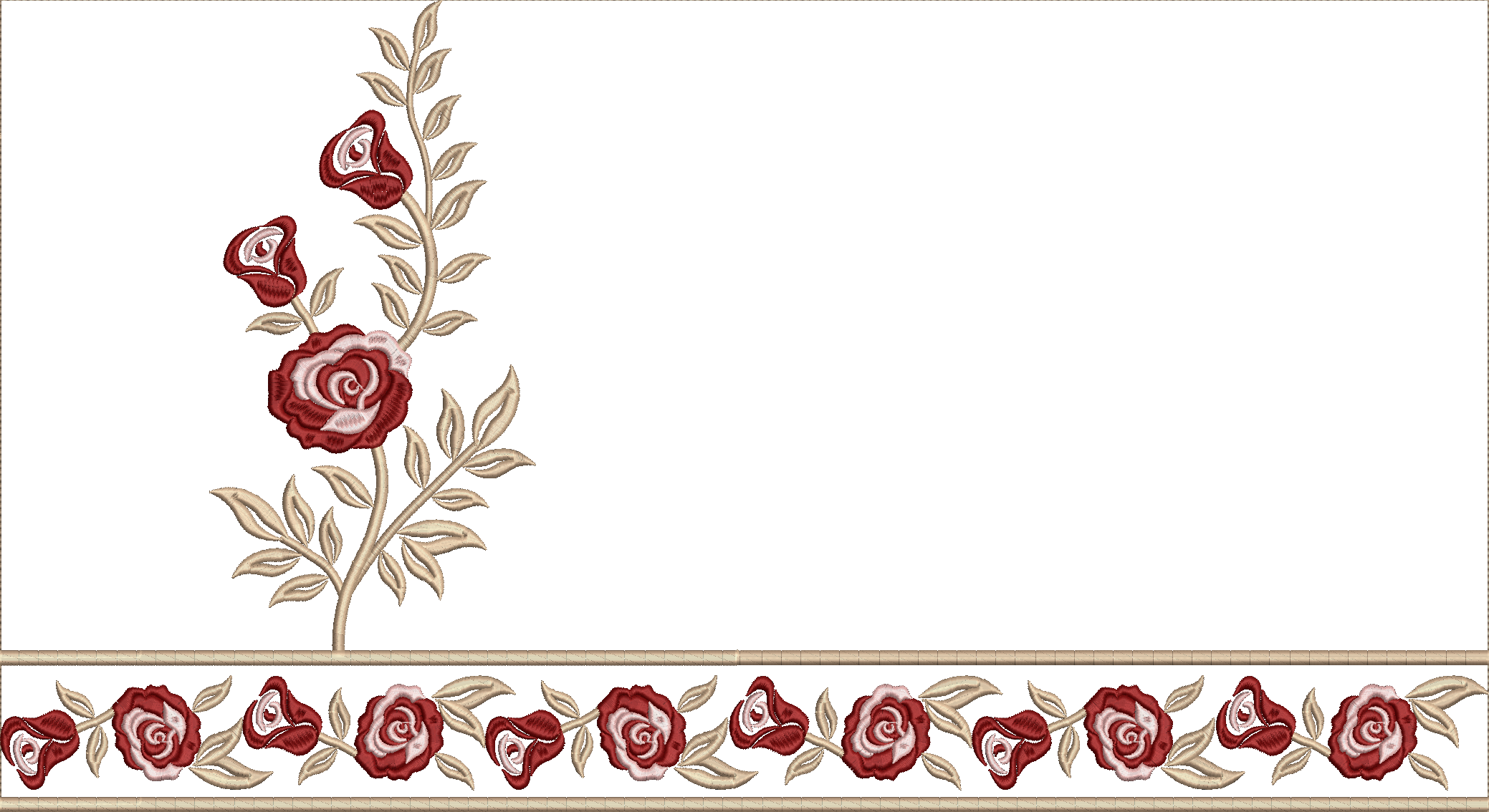 Embroidery design: An embroidery design featuring red and light pink roses with tan leaves and stems, arranged as a corner embellishment an