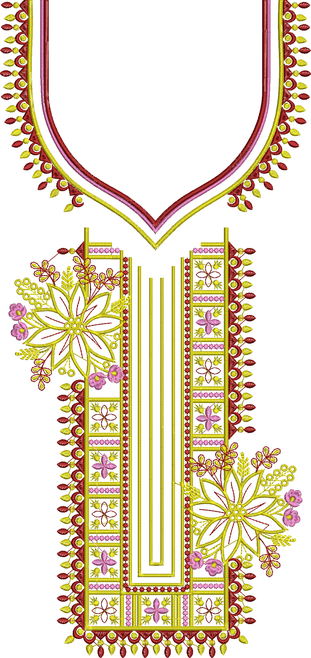 Embroidery design: A decorative embroidery design for a neckline featuring floral and geometric motifs in red, yellow, and pink.